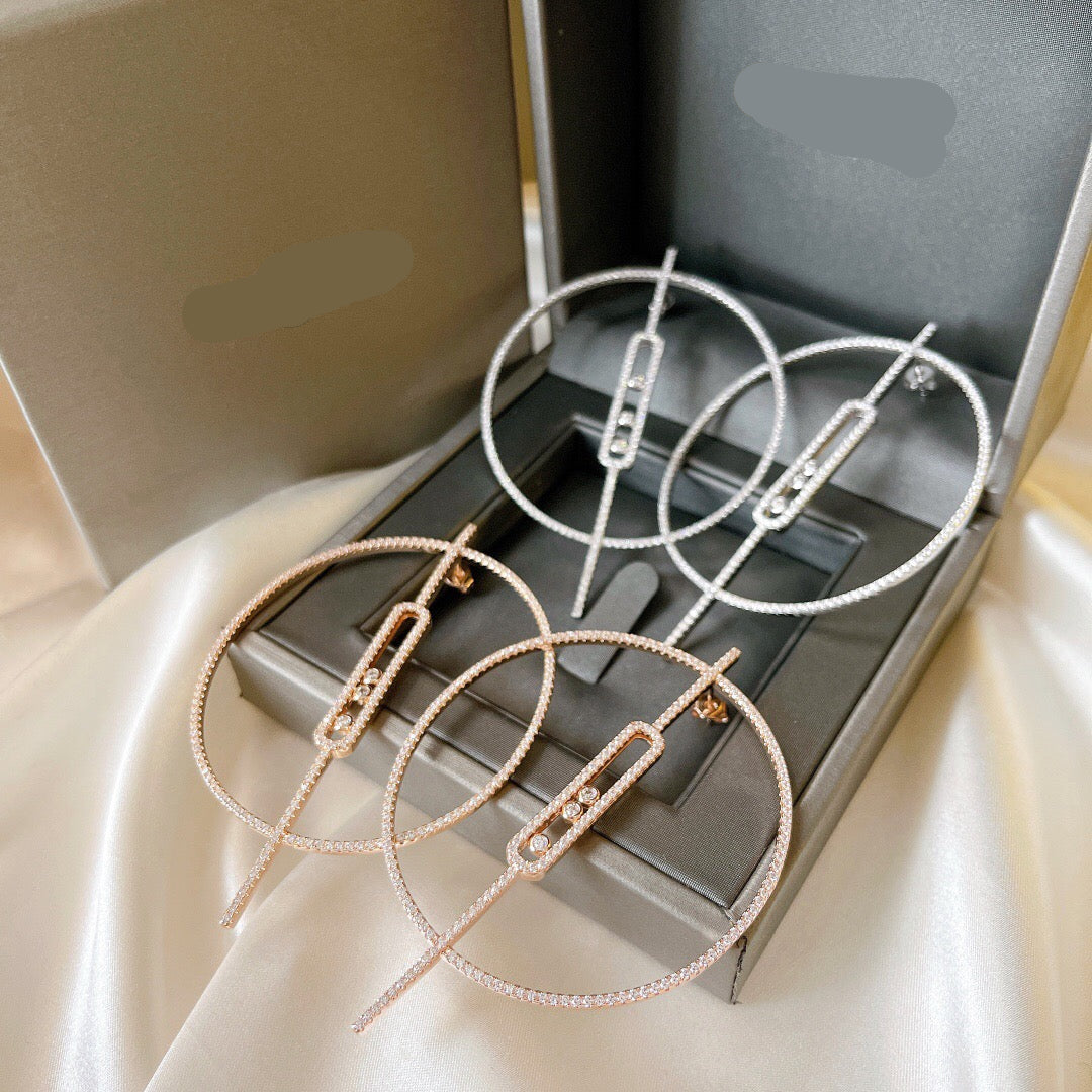 [Aura Jewelry]Move Large Hoop Earrings, Three Sliding Diamonds