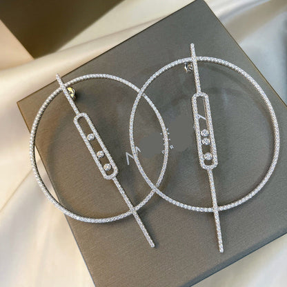 [Aura Jewelry]Move Large Hoop Earrings, Three Sliding Diamonds