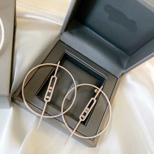 [Aura Jewelry]Move Large Hoop Earrings, Three Sliding Diamonds