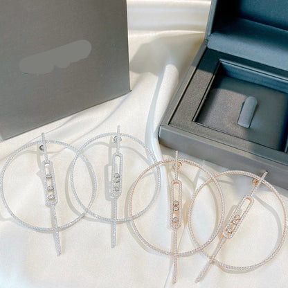 [Aura Jewelry]Move Large Hoop Earrings, Three Sliding Diamonds
