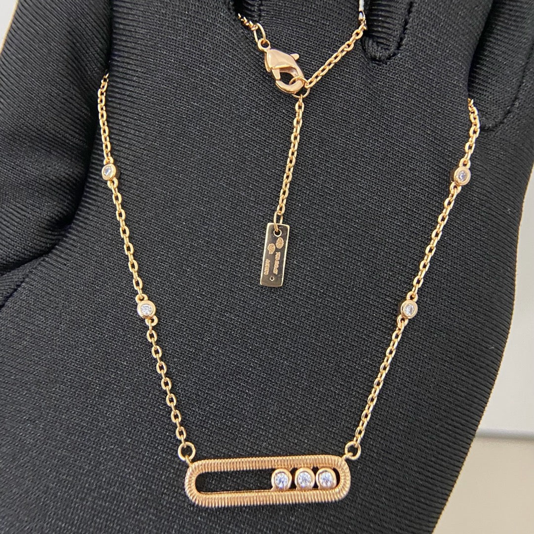 [Aura Jewelry] Baby Move Pavé Diamond‑Set Three‑Stone Sliding Necklace