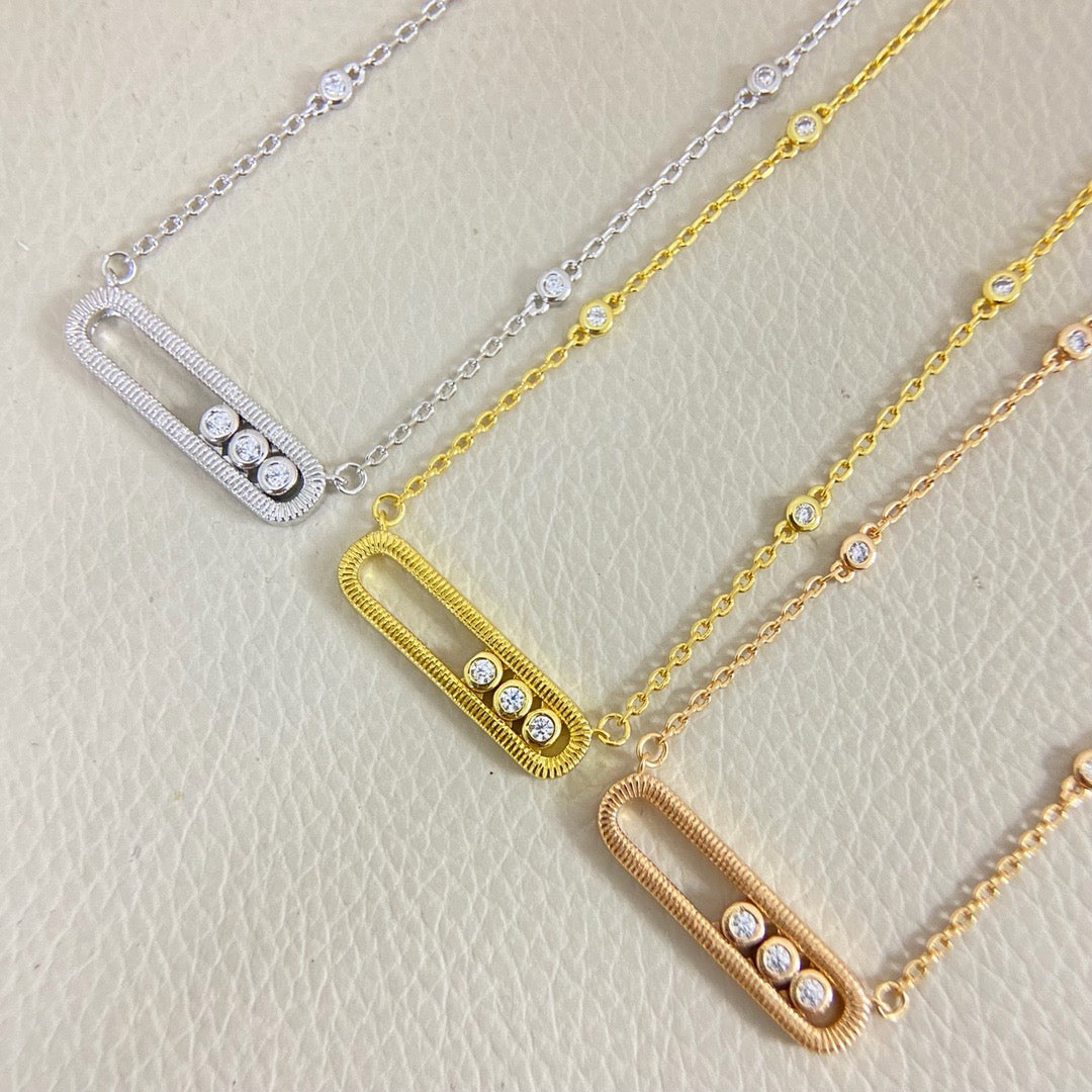 [Aura Jewelry] Baby Move Pavé Diamond‑Set Three‑Stone Sliding Necklace
