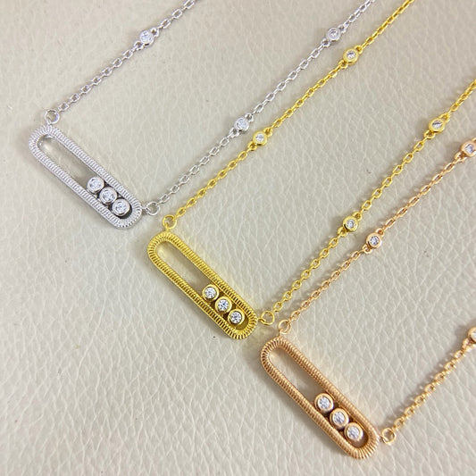 [Aura Jewelry] Baby Move Pavé Diamond‑Set Three‑Stone Sliding Necklace