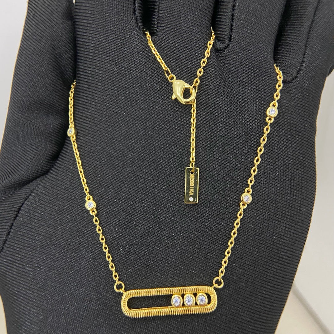 [Aura Jewelry] Baby Move Pavé Diamond‑Set Three‑Stone Sliding Necklace