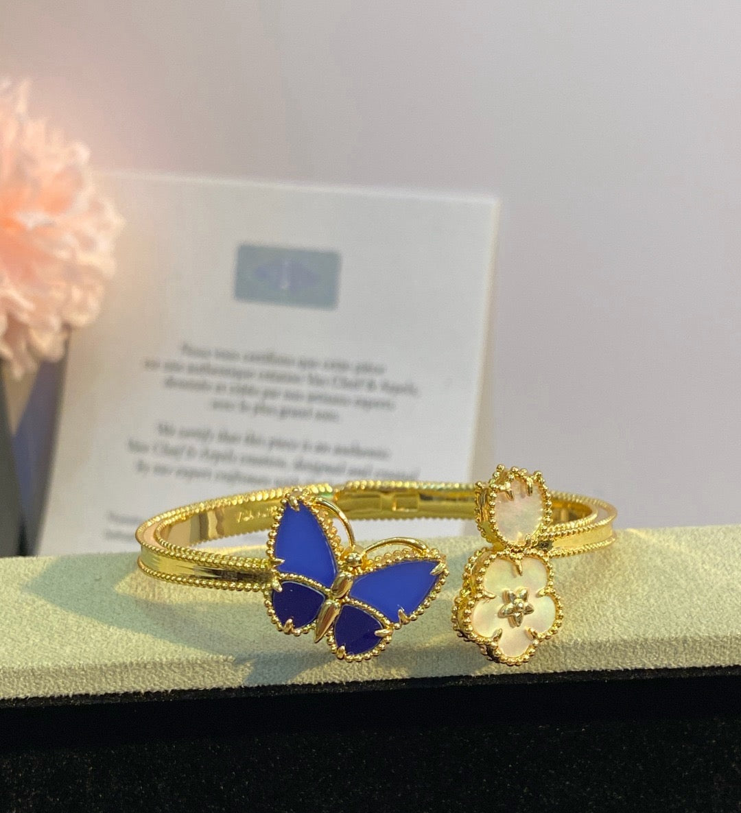 ¡®AuraJewelry¡¯Lucky Alhambra Butterfly & Clover Open Bangle, Blue Onyx & White MOP Gold‑Tone