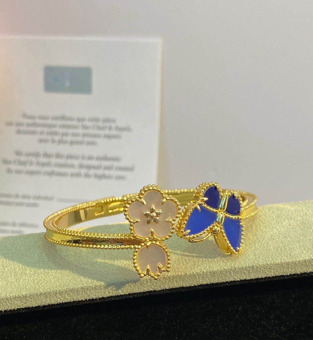 ¡®AuraJewelry¡¯Lucky Alhambra Butterfly & Clover Open Bangle, Blue Onyx & White MOP Gold‑Tone