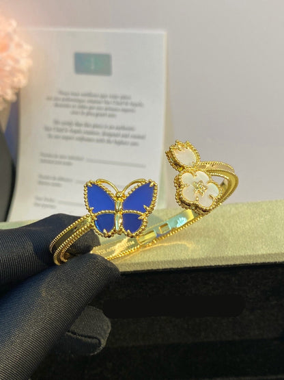 ¡®AuraJewelry¡¯Lucky Alhambra Butterfly & Clover Open Bangle, Blue Onyx & White MOP Gold‑Tone