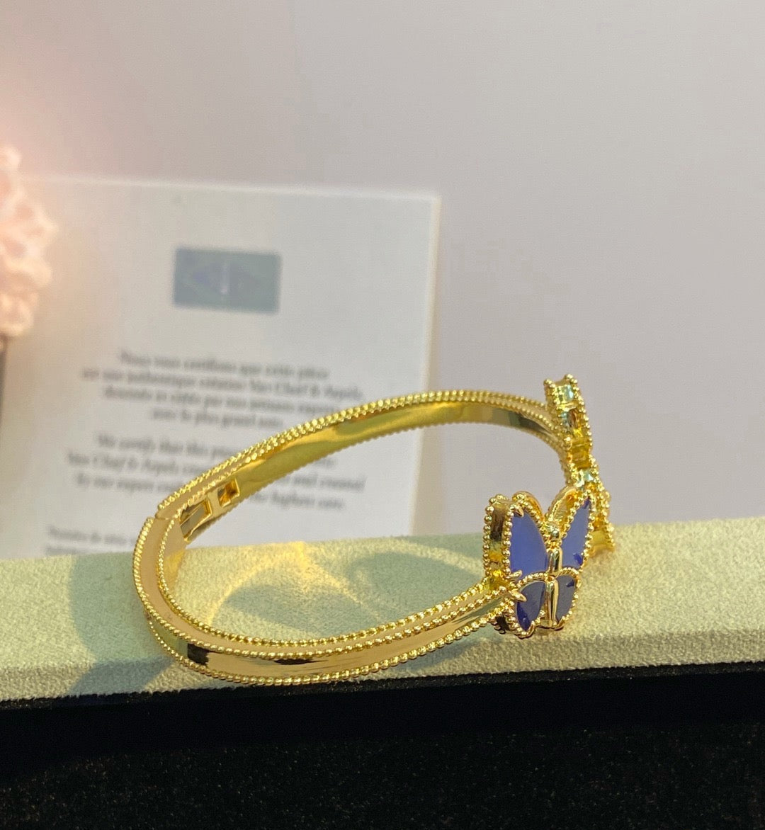 ¡®AuraJewelry¡¯Lucky Alhambra Butterfly & Clover Open Bangle, Blue Onyx & White MOP Gold‑Tone