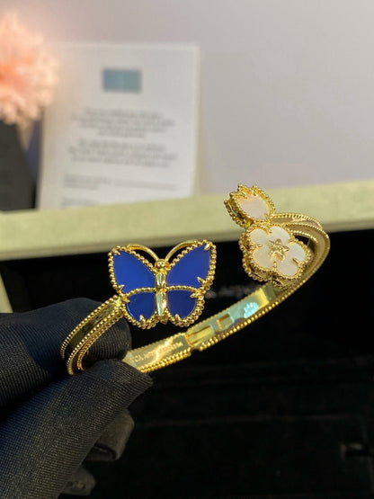 ¡®AuraJewelry¡¯Lucky Alhambra Butterfly & Clover Open Bangle, Blue Onyx & White MOP Gold‑Tone