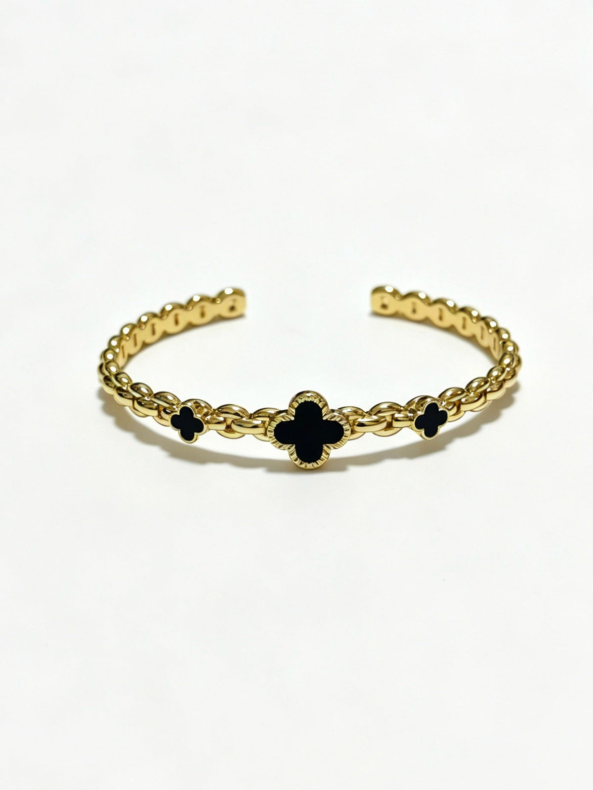 ¡®AuraJewelry¡¯Vintage Alhambra 3‑Flower Open Cuff, Black Onyx Gold‑Tone Chain Bangle