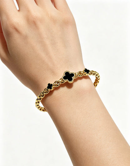 ¡®AuraJewelry¡¯Vintage Alhambra 3‑Flower Open Cuff, Black Onyx Gold‑Tone Chain Bangle