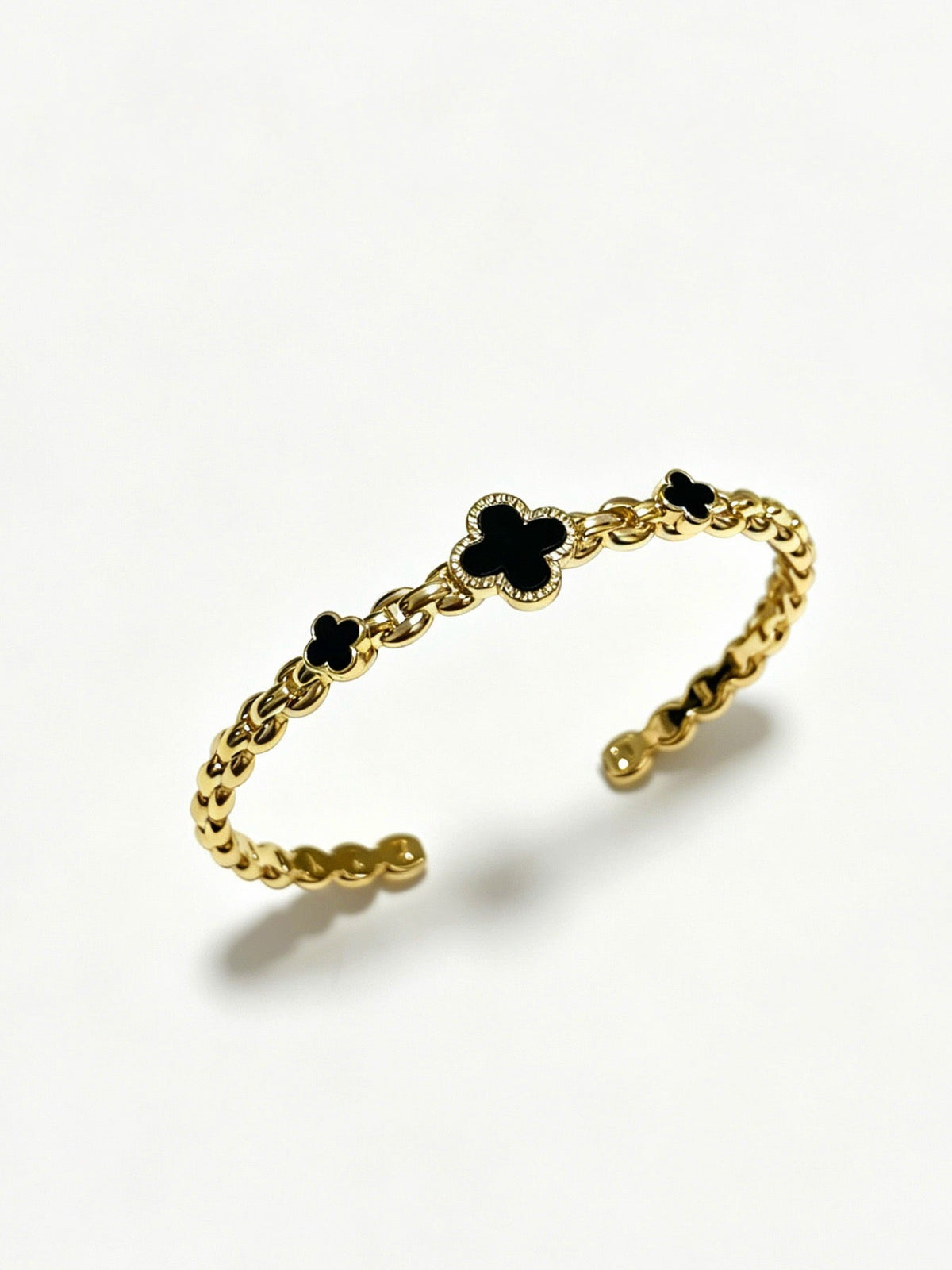 ¡®AuraJewelry¡¯Vintage Alhambra 3‑Flower Open Cuff, Black Onyx Gold‑Tone Chain Bangle