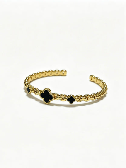 ¡®AuraJewelry¡¯Vintage Alhambra 3‑Flower Open Cuff, Black Onyx Gold‑Tone Chain Bangle
