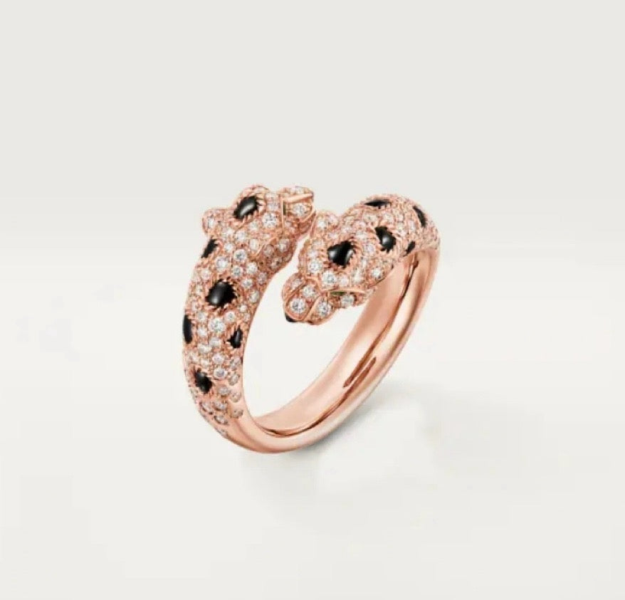 ¡®AuraJewelry¡¯Double‑Panther‑Head Full‑Pavé Diamond Open Ring