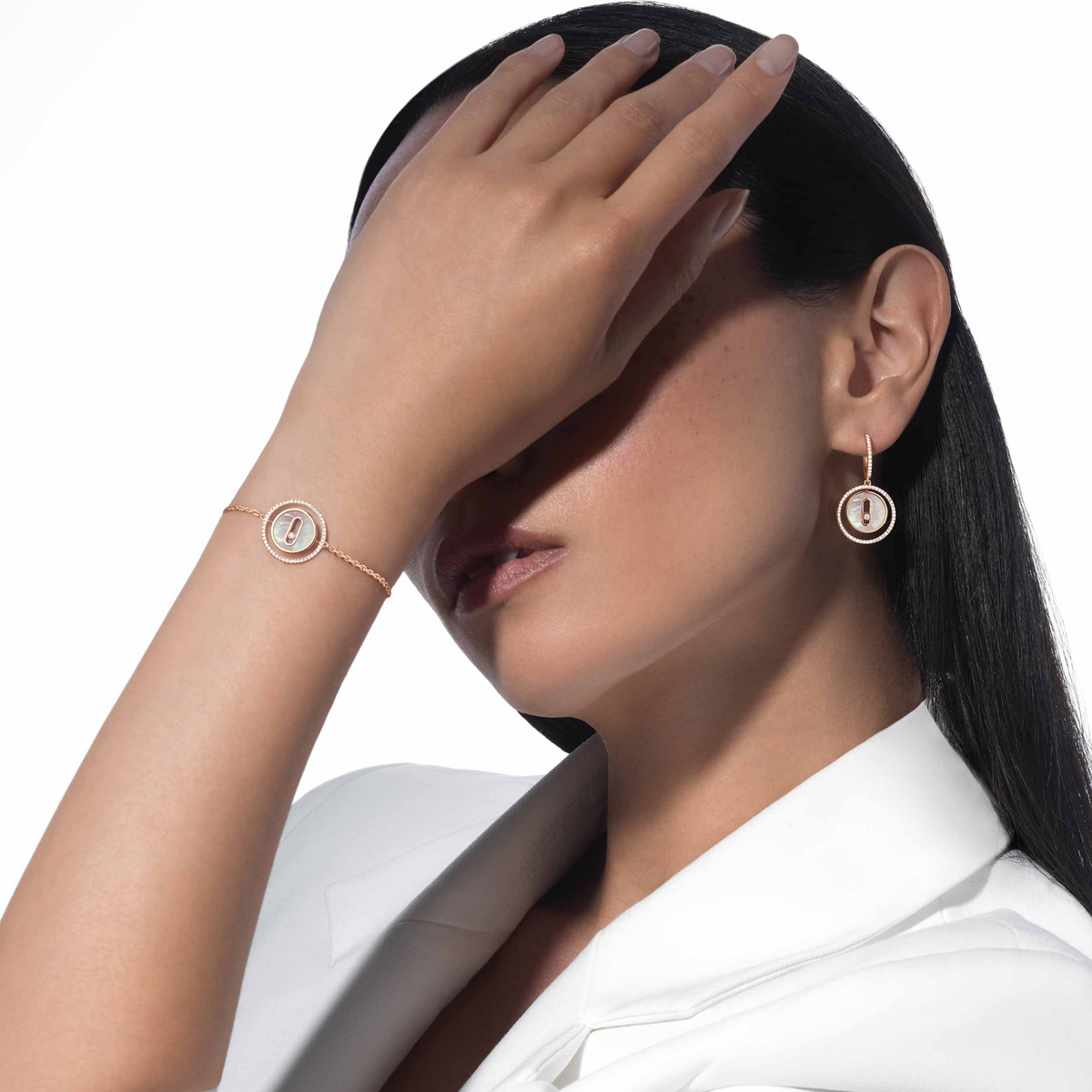 [Aura Jewels]LUCKY MOVE WHITE MOTHER OF PEARL PINK GOLD DIAMOND BRACELET(Adjustable)