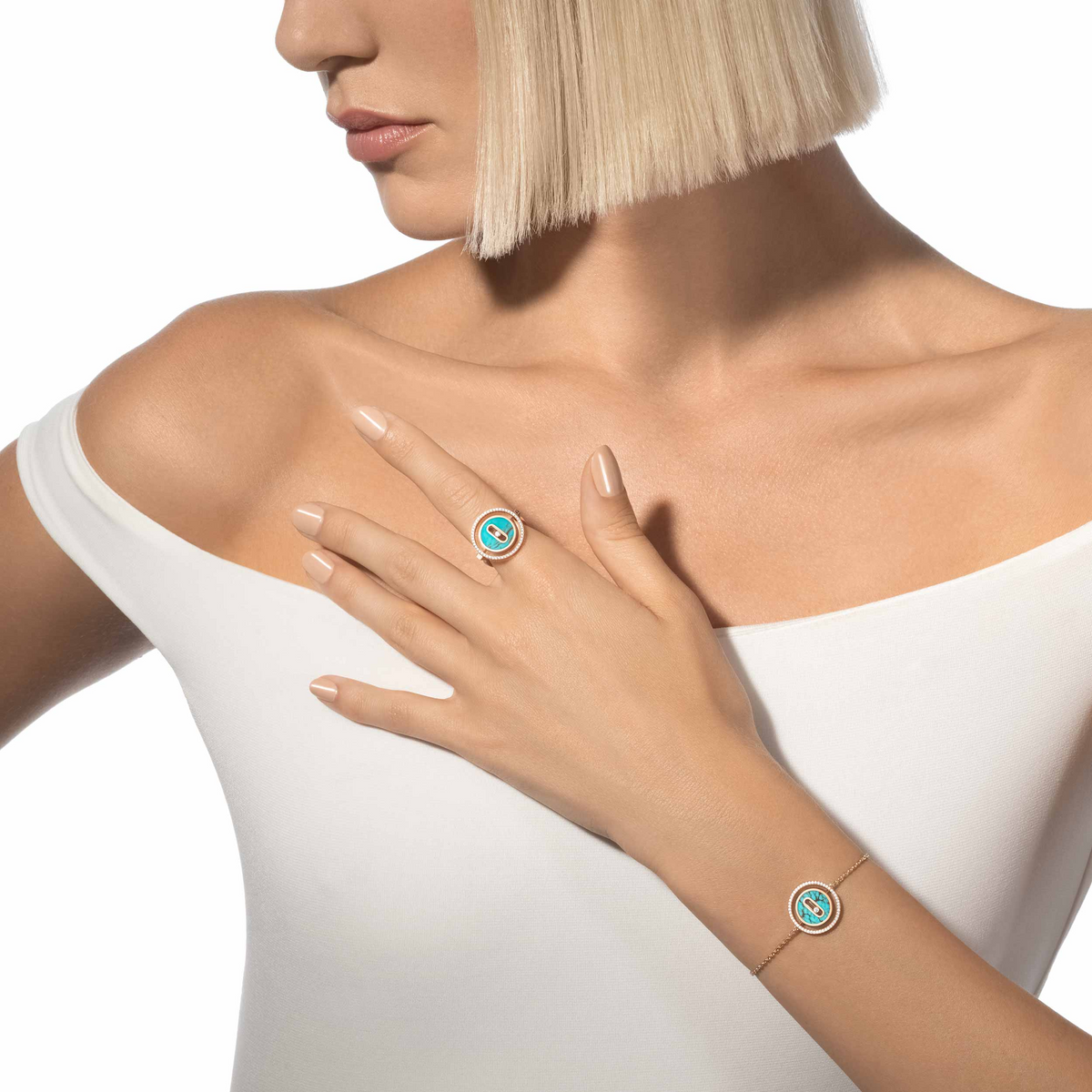 [Aura Jewels]LUCKY MOVE TURQUOISE PINK GOLD DIAMOND BRACELET(Adjustable)